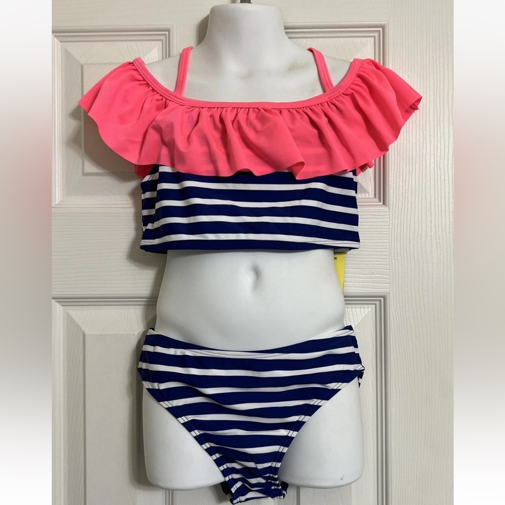 SP SPORT WEAR Girls Navy white Stripe Bikini with Pink Ruffle NEW TAGS